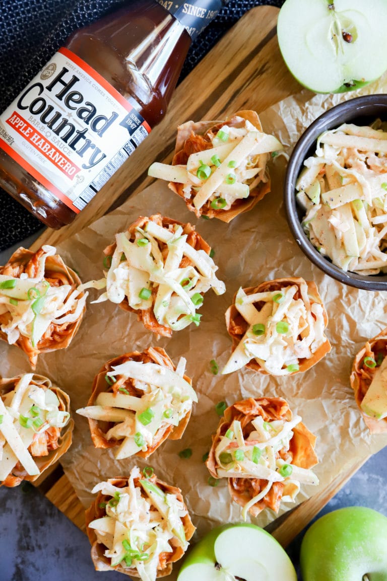 Spicy BBQ Chicken Wonton Cups with Apple Coleslaw