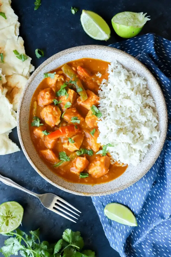 Overhead picture of pumpkin chicken curry in a bowl