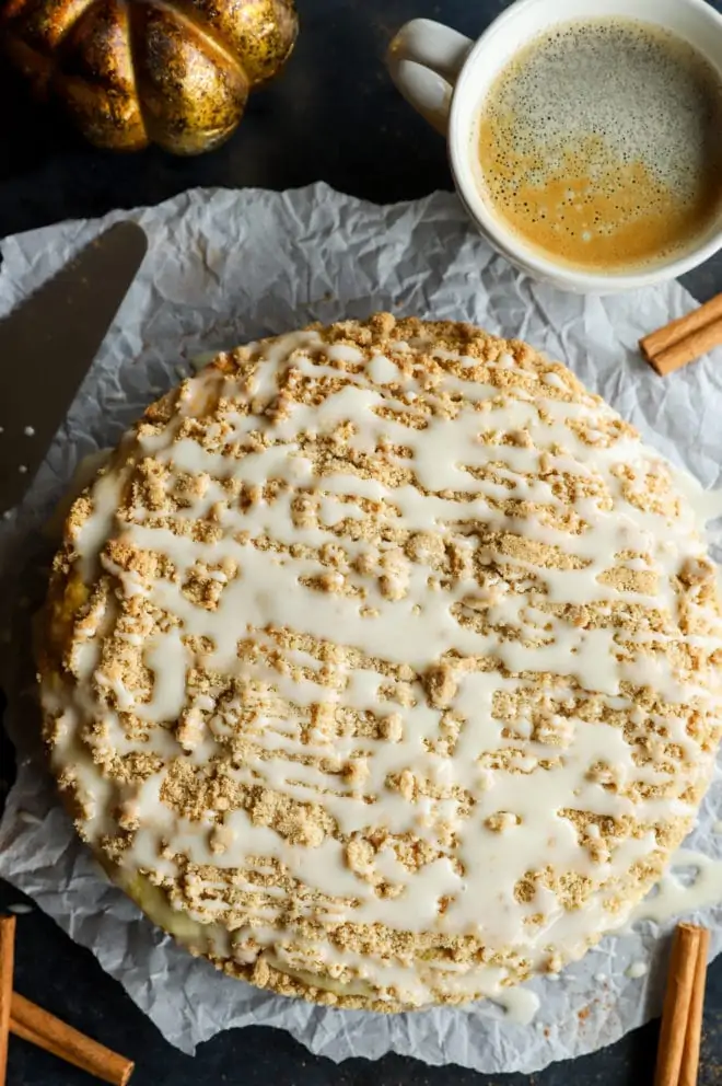 Pumpkin cake image overhead with coffee