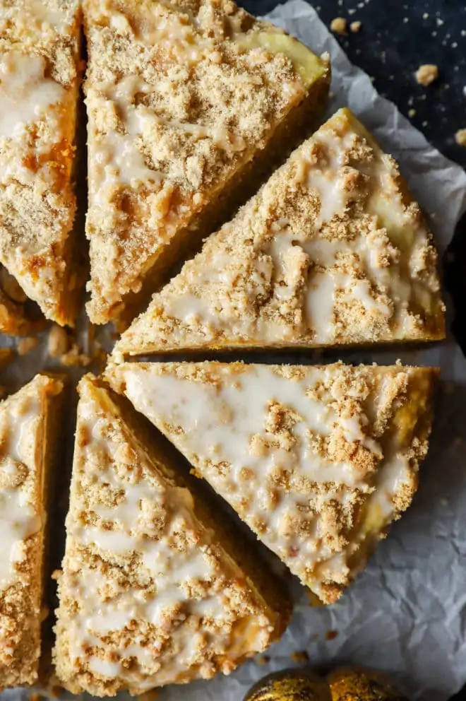 Overhead image of pumpkin spice coffee cake