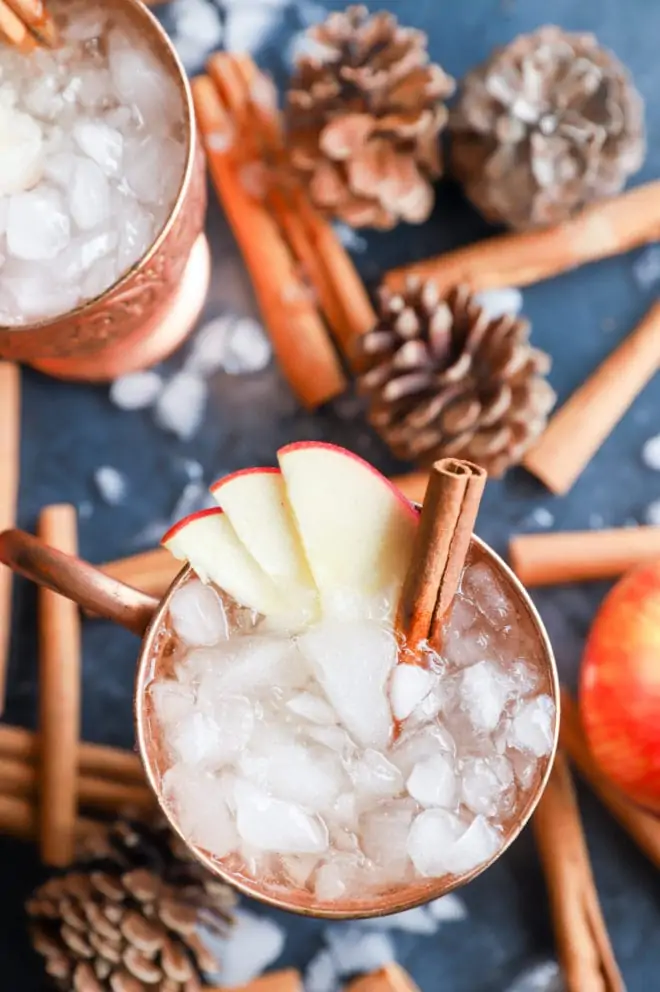 Overhead image of apple cider mule in mugs