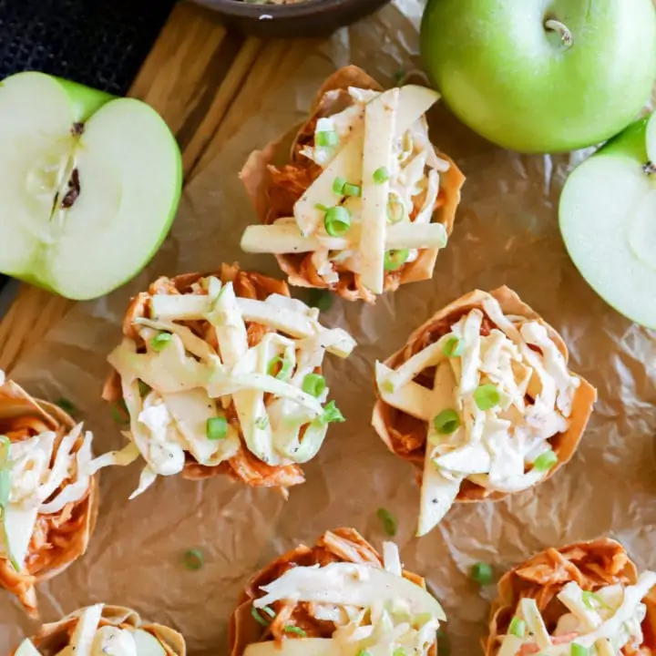 Spicy BBQ Chicken Wonton Cups with Apple Coleslaw