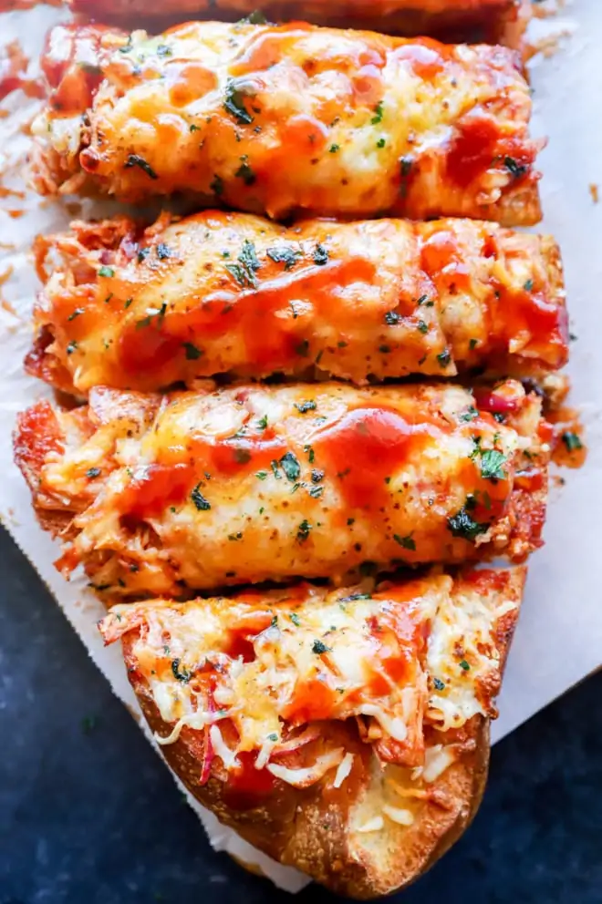 Cheesy bbq chicken bread overhead picture