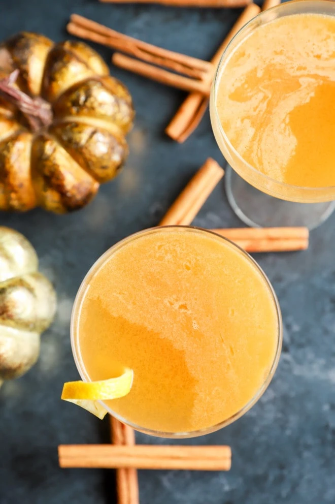 Overhead image of pumpkin bourbon sidecar cocktails
