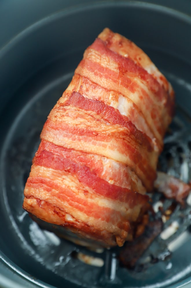 Cooked air fryer pork loin in basket