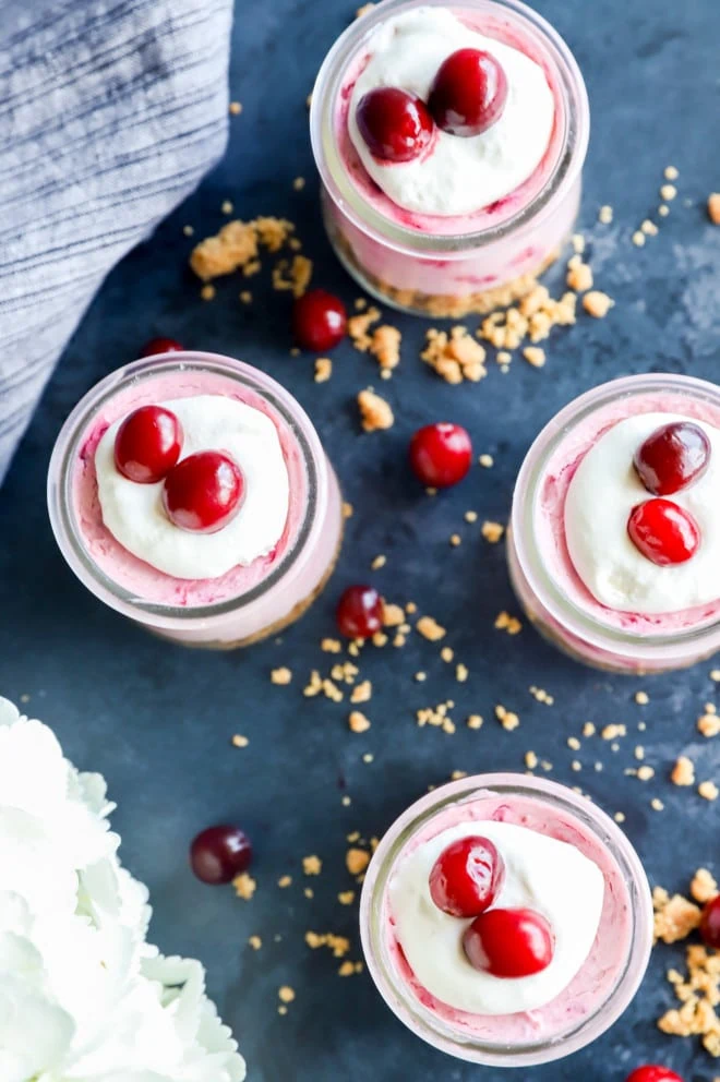 Overhead image of cranberry mousse in cups