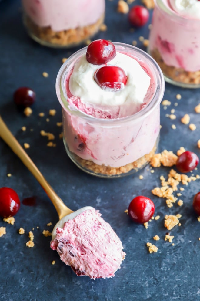 Smooth and creamy cheesecake mousse on a spoon