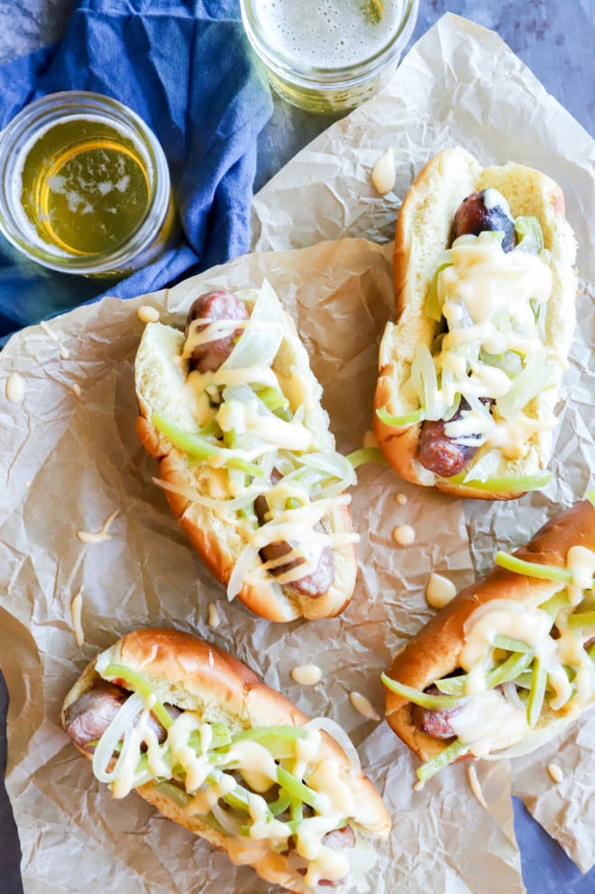 Philly cheesesteak bratwurst image overhead