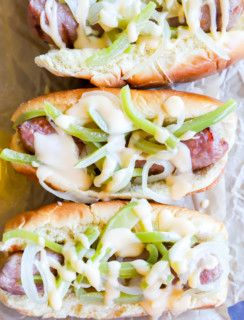 Overhead image philly cheesesteak hot dogs