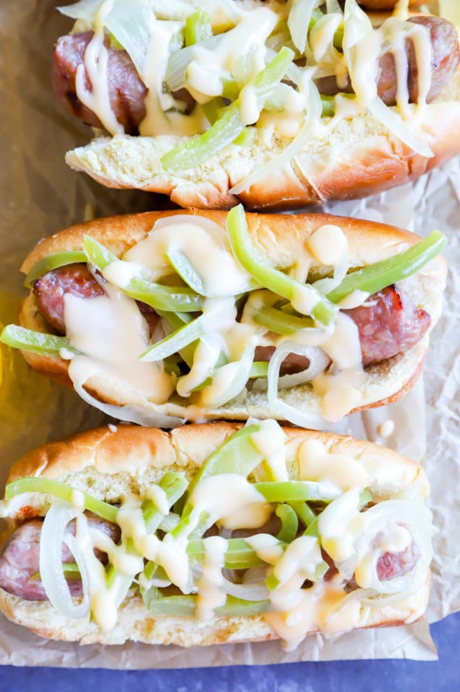 Overhead image philly cheesesteak hot dogs