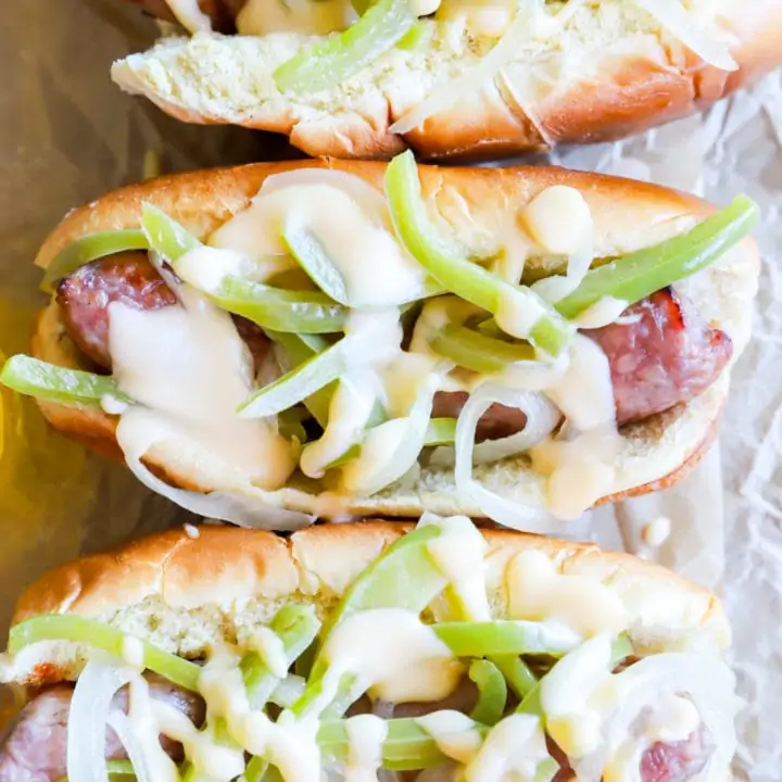Overhead image philly cheesesteak hot dogs