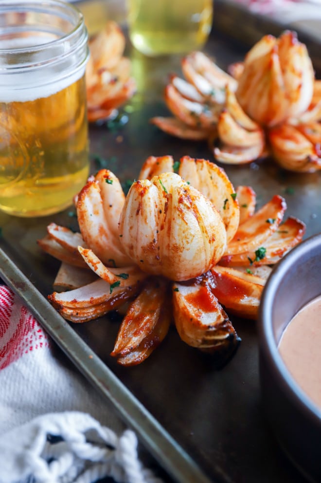 Side photo of grilled blooming onion