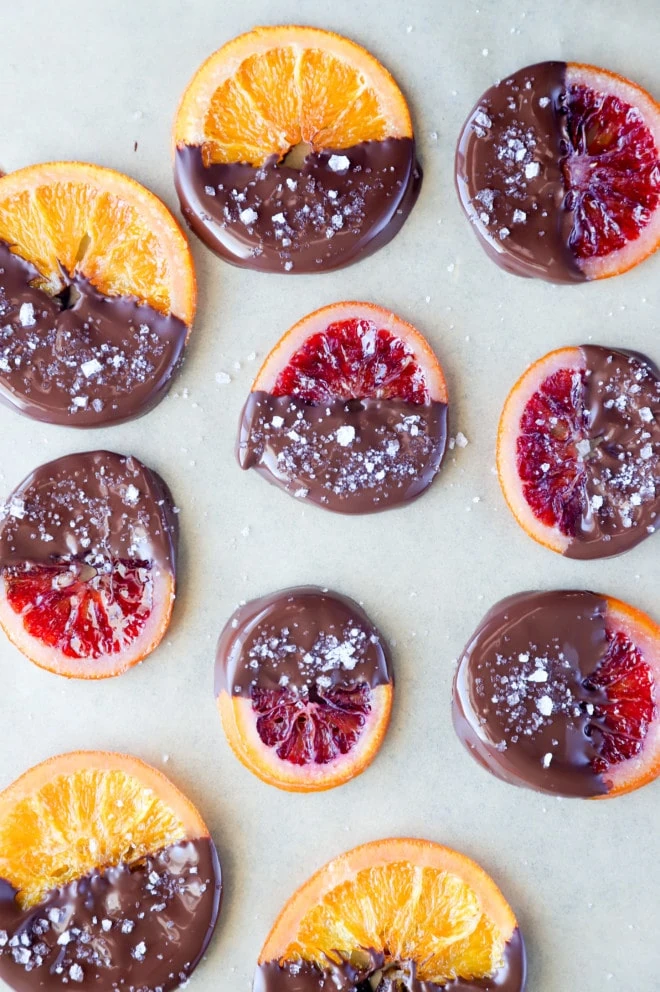 Overhead picture of candied orange slices dipped in chocolate