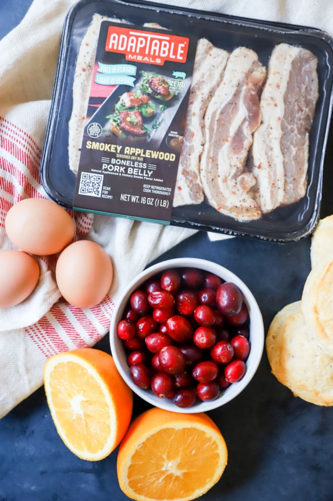 AdapTable pork belly with ingredients for a breakfast recipe