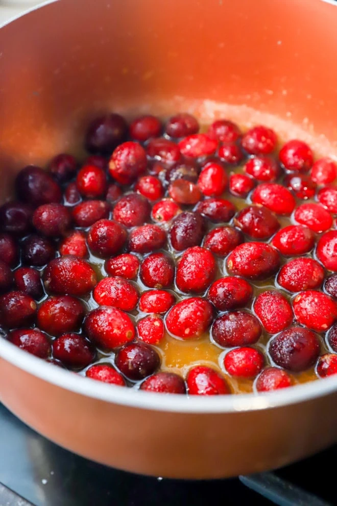 Fresh cranberries in saucepan for relish