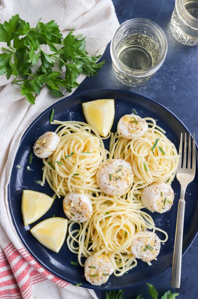 Overhead picture of air fryer scallops with pasta