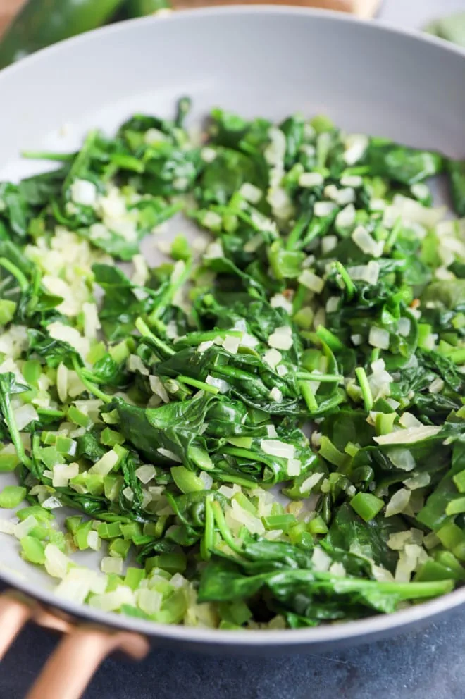 Image of cooked spinach with jalapeno and onion