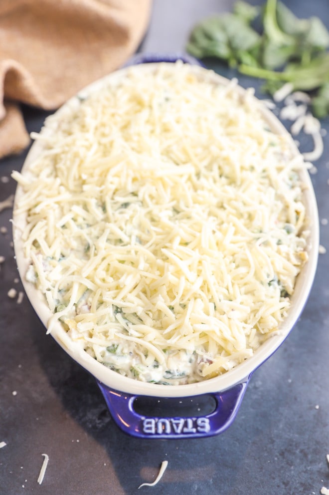 Spinach artichoke dip before baking picture