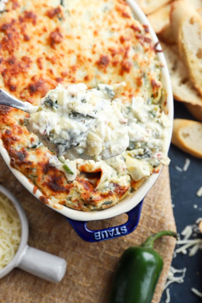 Overhead photo of bacon jalapeño spinach artichoke dip