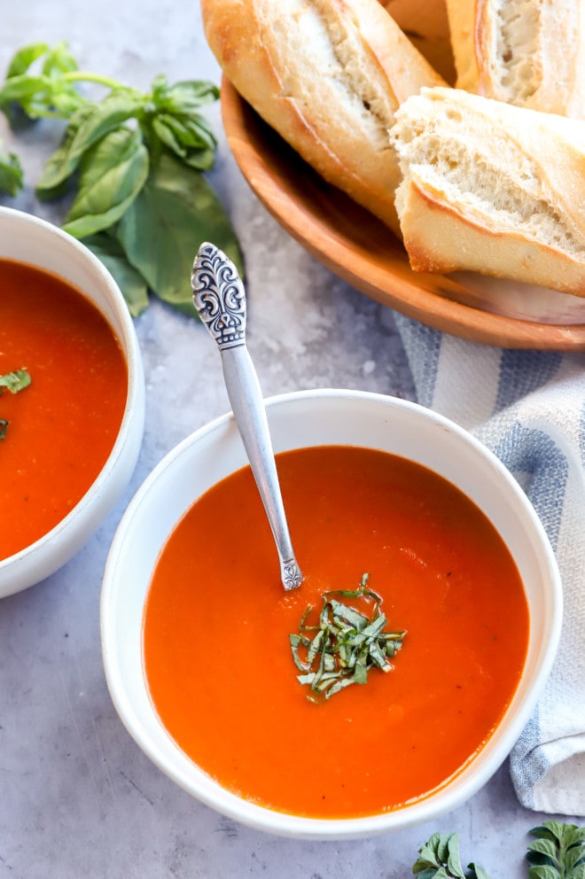 Spoon in bowl of instant pot tomato soup