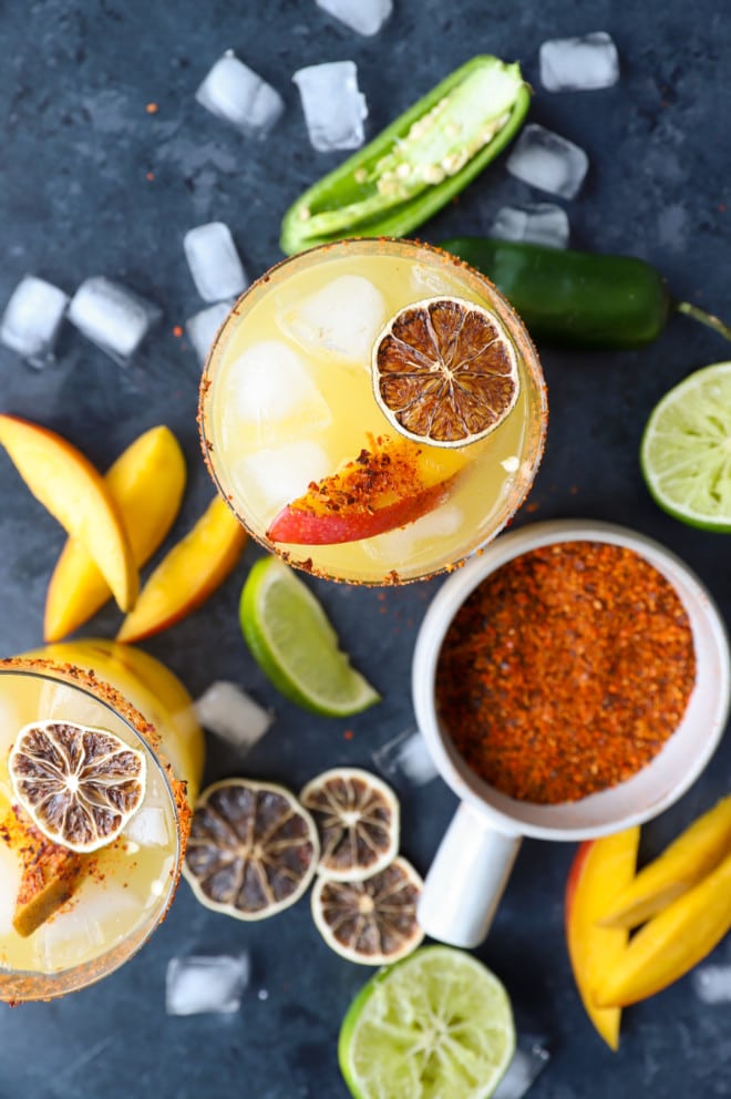 Spicy mango margaritas overhead image