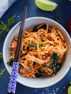 Gochujang Noodles with Chicken and Spinach in a bowl with chopsticks