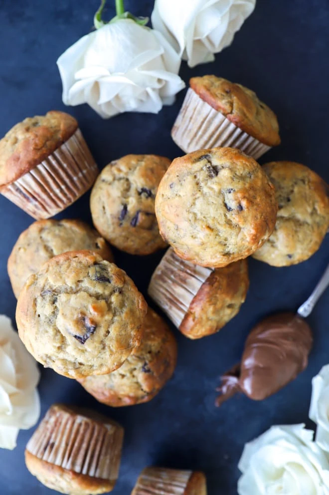 Banana muffins in a pile with chocolate chips