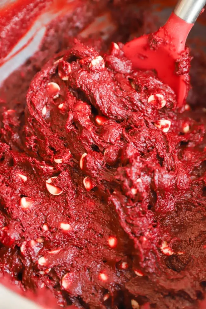 Red velvet muffin batter in bowl image