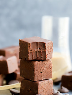 Picture of fudge stacked up with a bite taken out of it