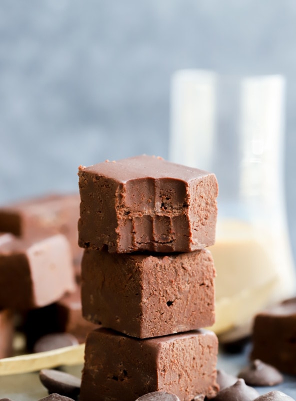 Picture of fudge stacked up with a bite taken out of it