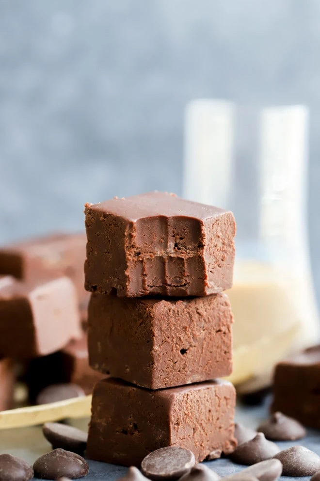 Picture of fudge stacked up with a bite taken out of it