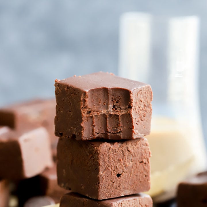 Picture of fudge stacked up with a bite taken out of it