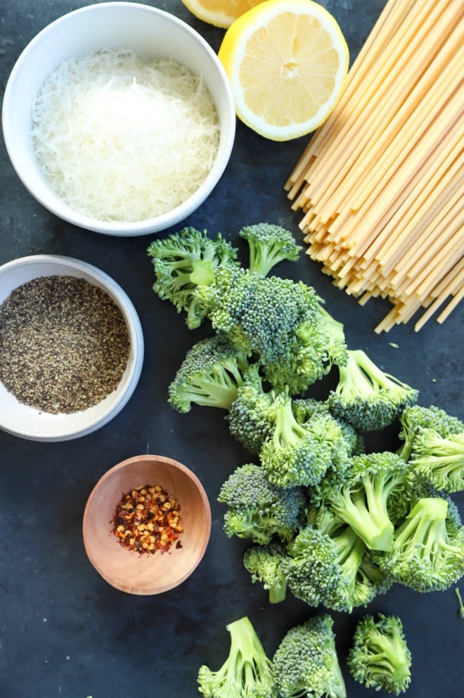 Image of ingredients for bucatini cacio e pepe with broccoli