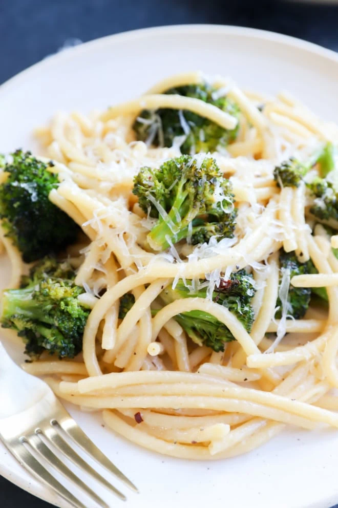 Easy weeknight pasta with broccoli on plate with fork image