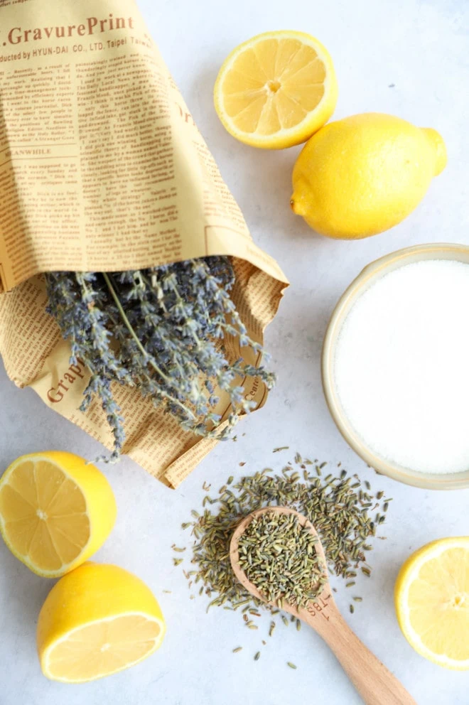 Overhead image of dried lavender, lemons and sugar