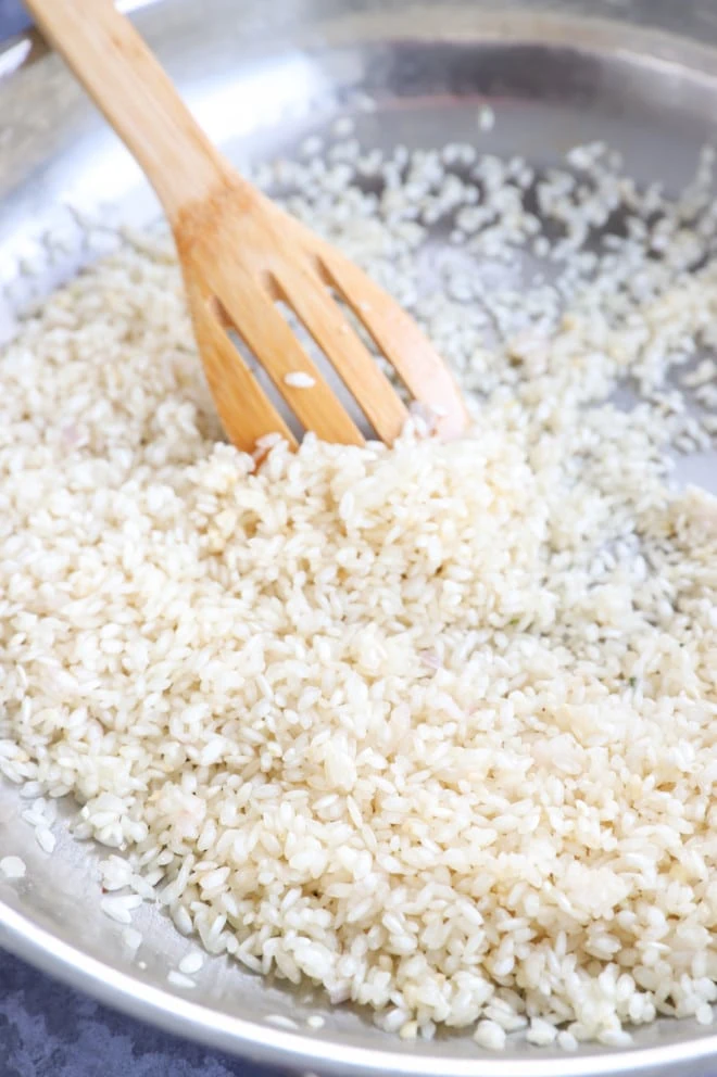 Risotto cooking in a skillet