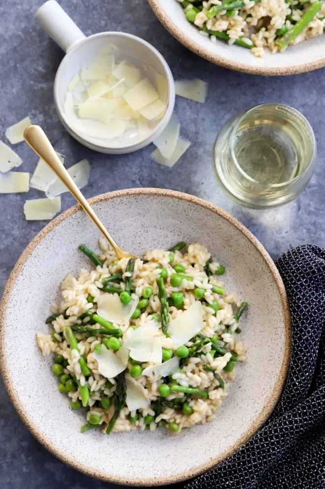 Image of spring asparagus and pea risotto with parmesan cheese and wine