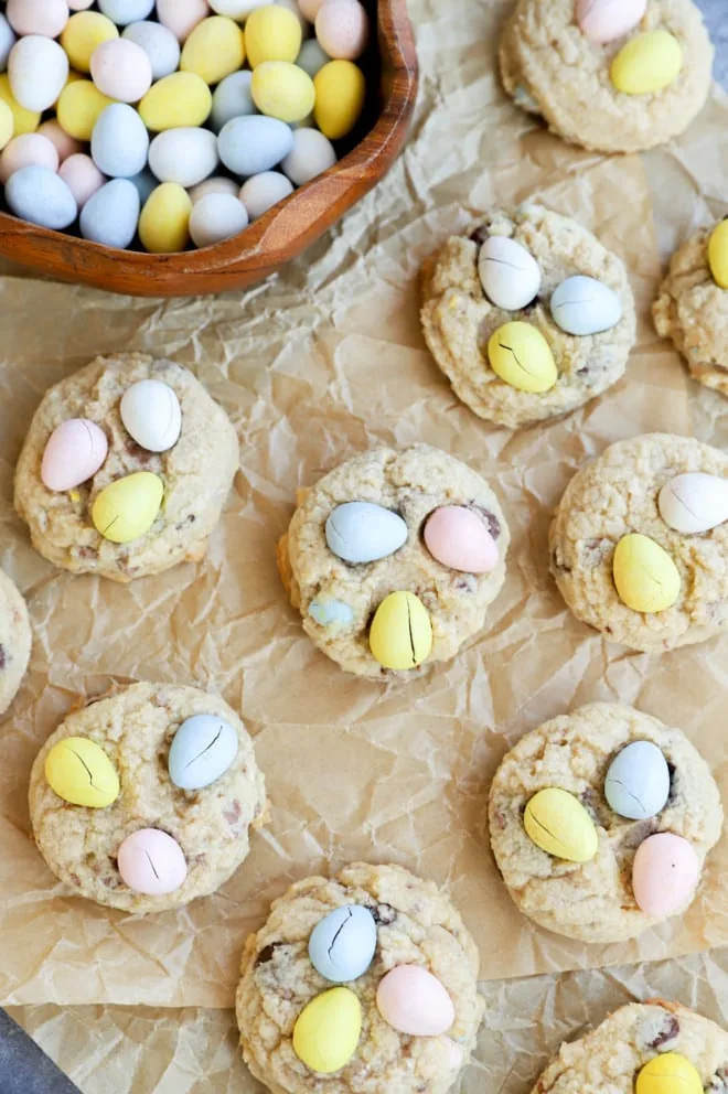 Overhead image of easter desserts on parchment paper