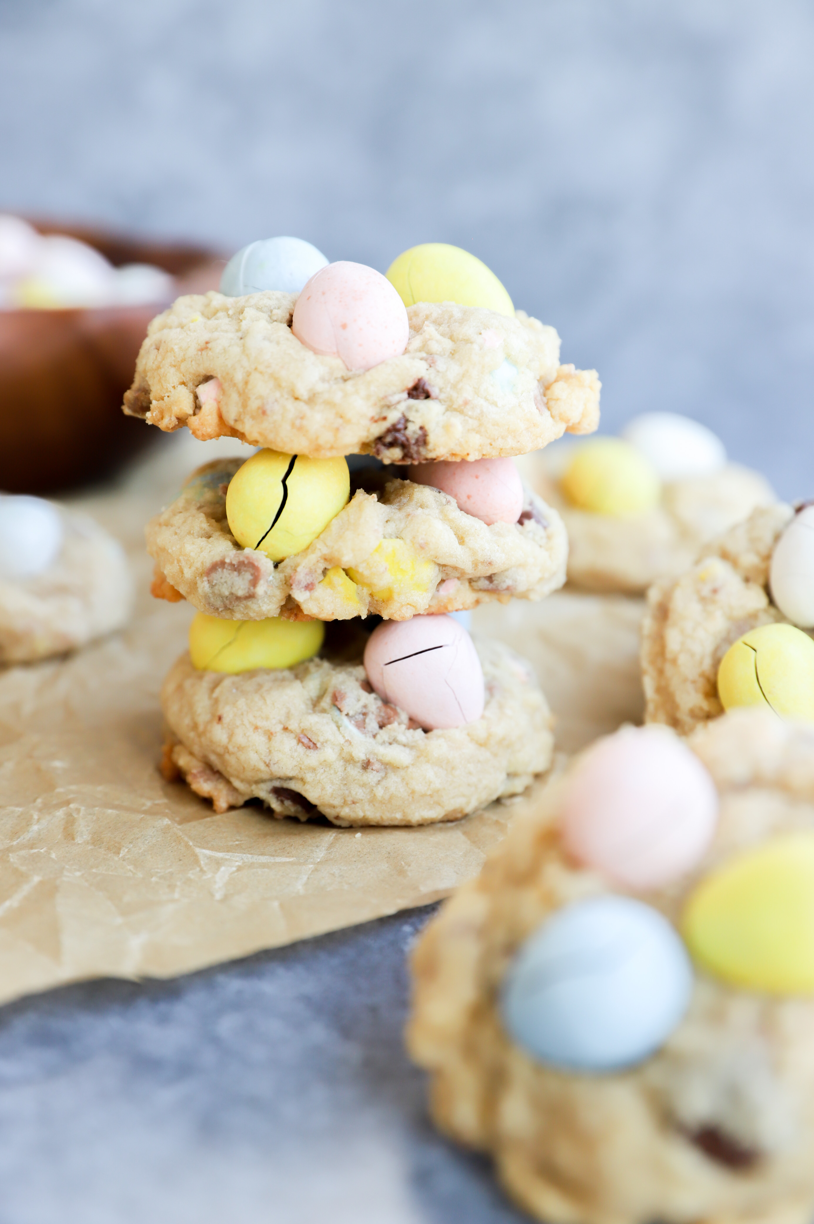 Stack of easter treats on parchment paper