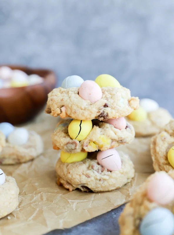 Mini eggs cookies in a stack