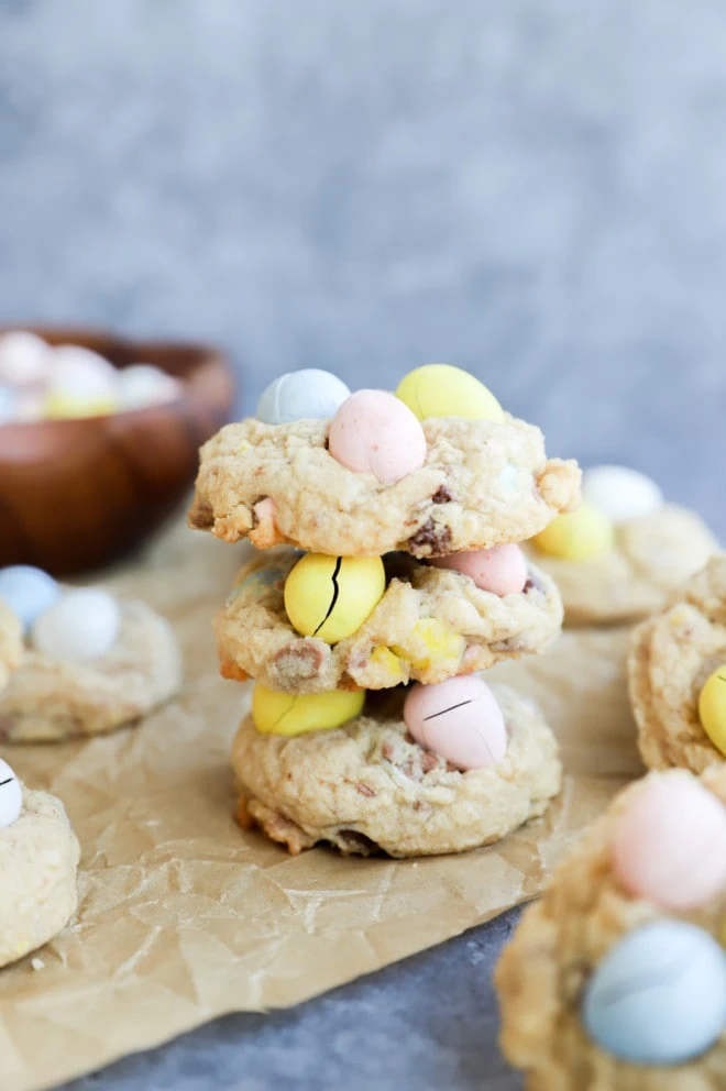 Mini eggs cookies in a stack