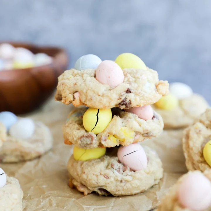 Mini eggs cookies in a stack