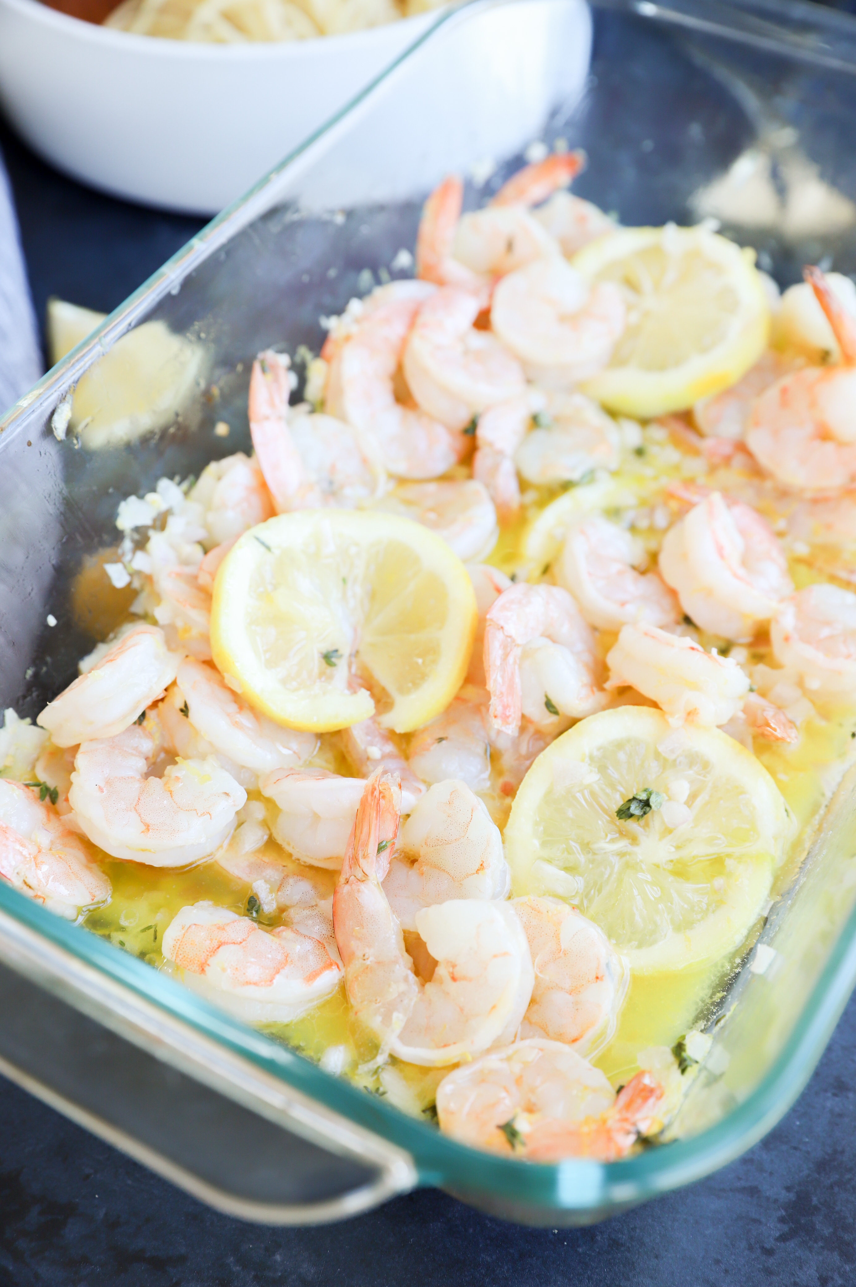 Roasted lemon garlic shrimp in baking dish photo