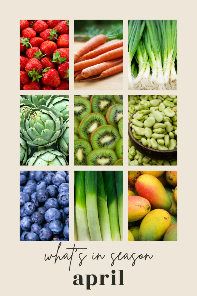 what's in season in april graphic with different photos of seasonal fruits and vegetables