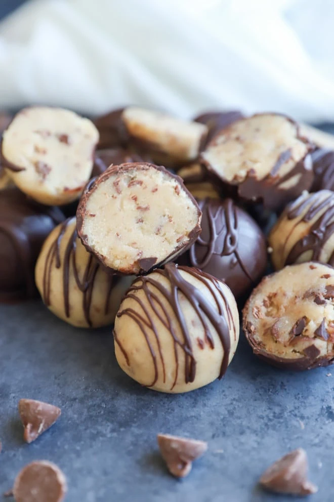 chocolate chip cookie dough bites cut in half image