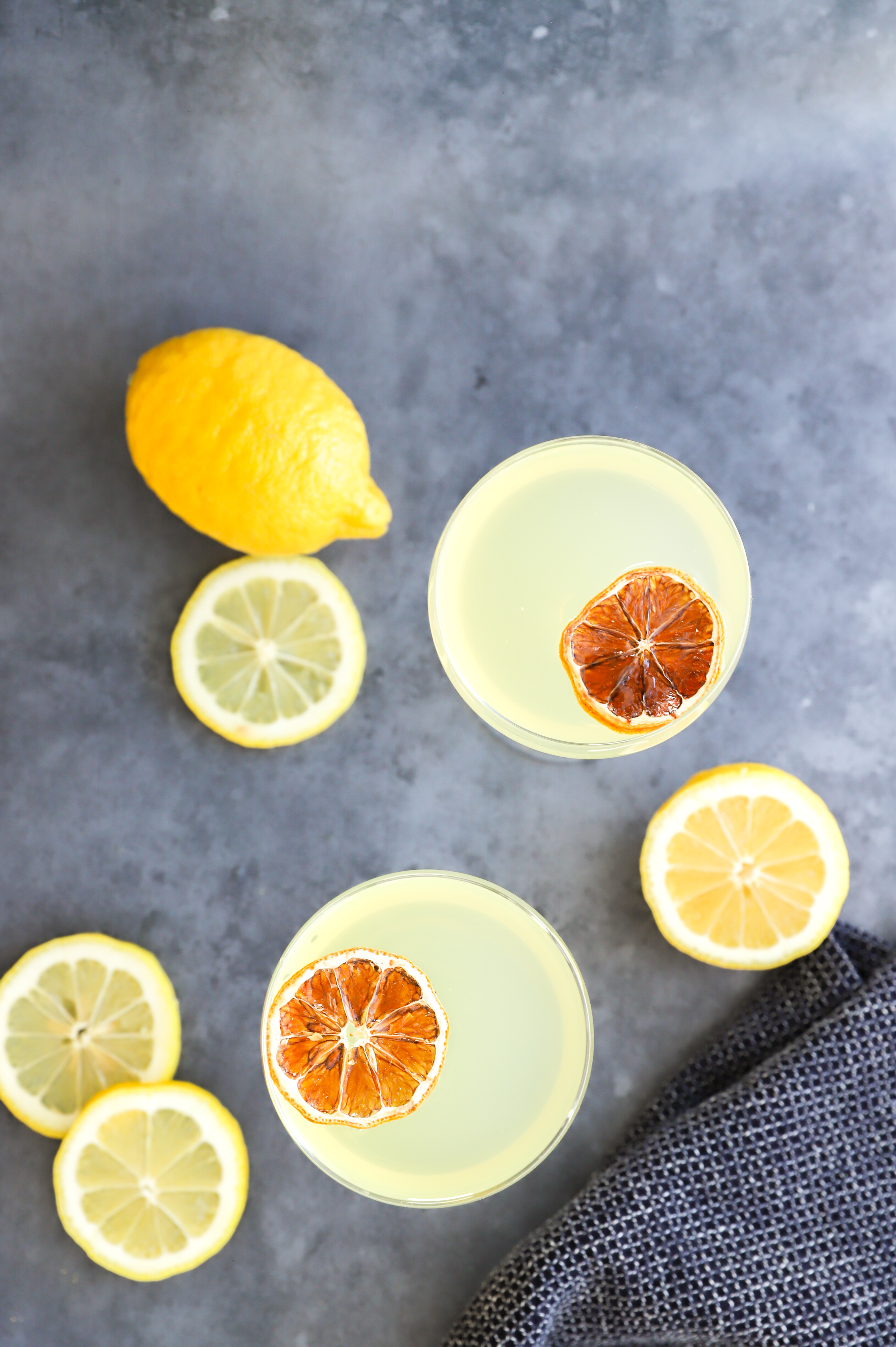 Overhead image of lemon cocktails in glasses