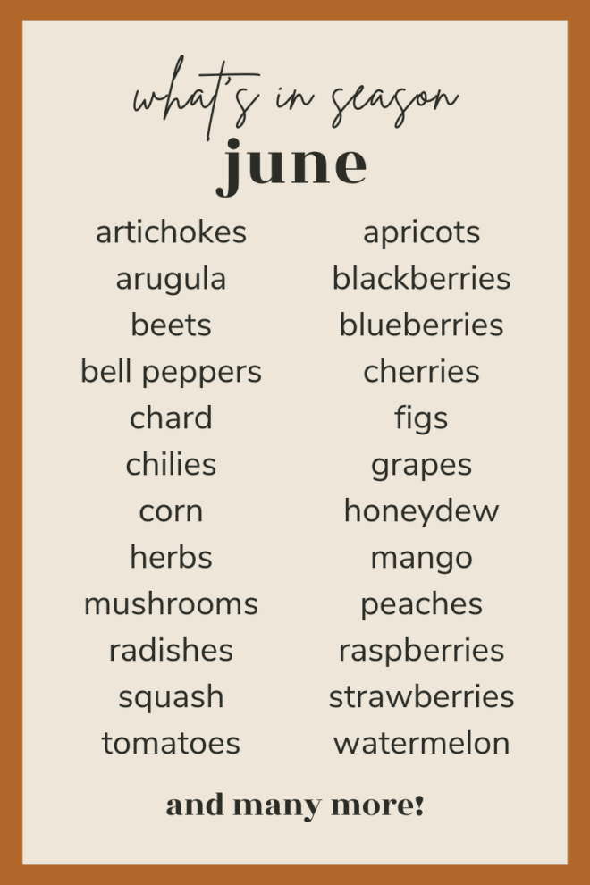 what's in season in june produce text image pin