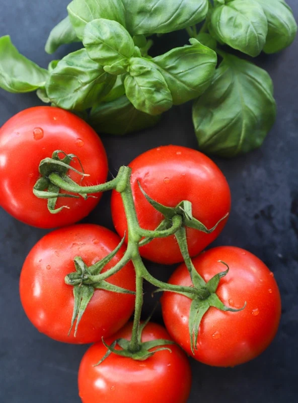 Tomatoes and basil on a table image