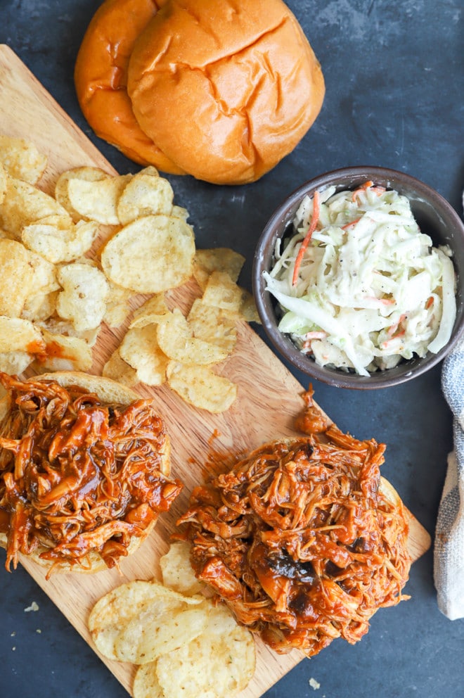 Overhead image of making pulled chicken burger