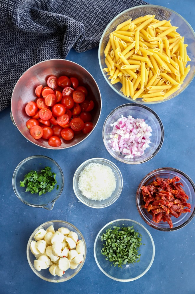 Pasta salad ingredients in bowl image